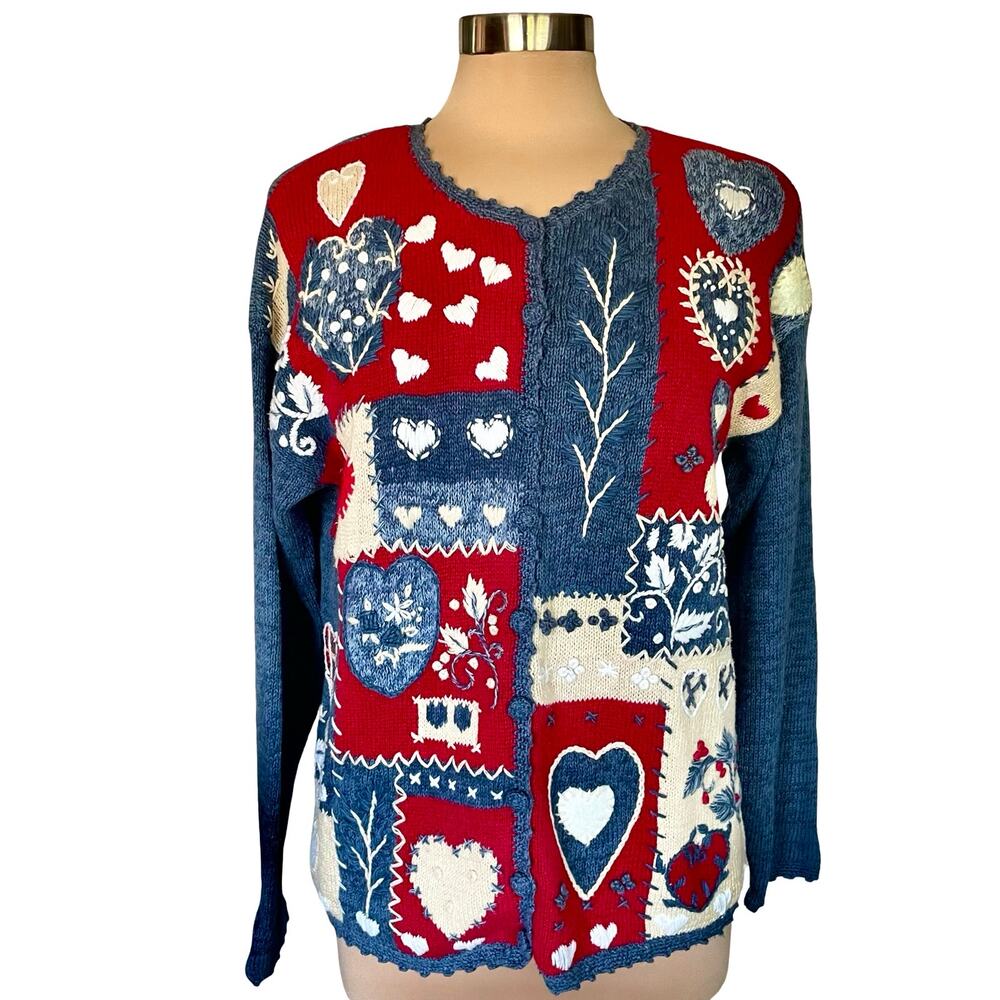 Heirloom Collection Vintage 90s‎ Y2K Patchwork Cardigan SMALL Cottagecore Hearts